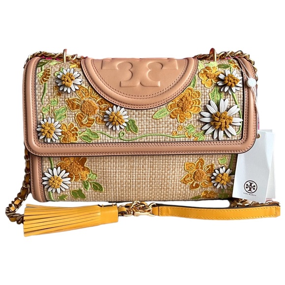 NWT Tory Burch Fleming in Napa Leather and Straw with embroidered floral detail - Picture 1 of 15